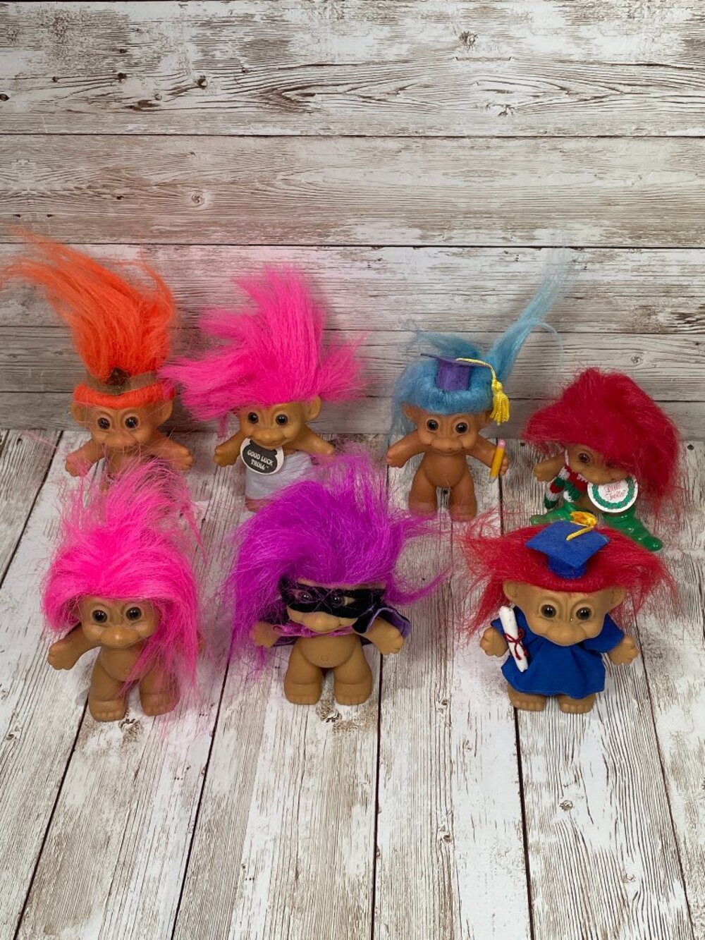 Lot of 7 Vintage Russ Good Luck Troll Doll Graduation Christmas Hair Small 3.5"
